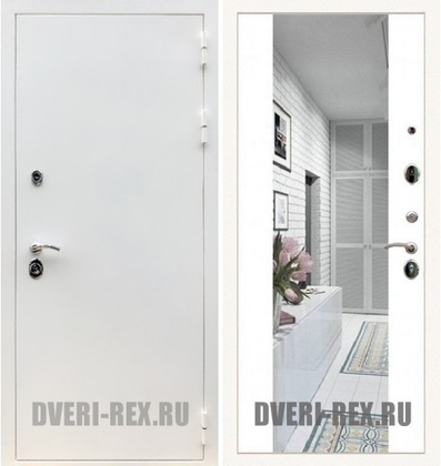 Стальная дверь Рекс 5А Белая шагрень / СБ-16 с зеркалом (Белый софт)