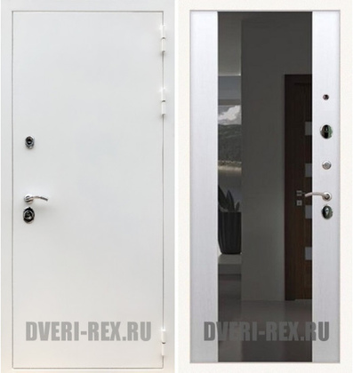 Стальная дверь Рекс 5А Белая шагрень / СБ-16 с зеркалом (Белый ясень)