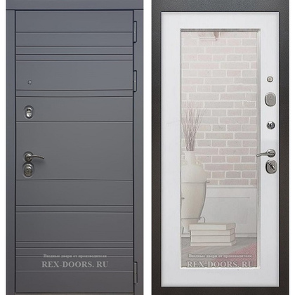 Входная металлическая дверь Рекс 14 с Зеркалом Пастораль (Графит софт / Белый ясень)
